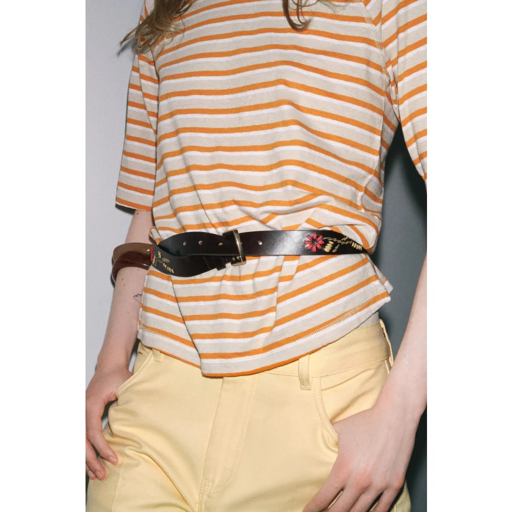 Leather Belt with Floral Embroidery Size 30 US